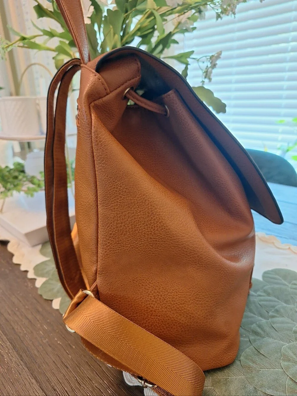 Source Unknown Tan Backpack with Pink & Navy Floral Embroidery